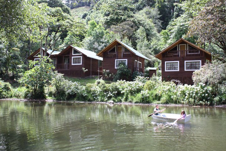 El Hotel en el bosque a orillas del rio con personas de paseo en un bote de remos.